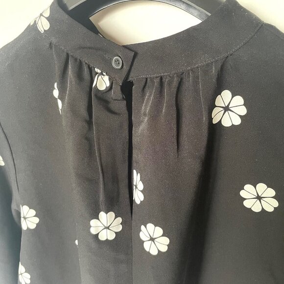 Kate Spade Blouse Womens Black Mock Neck Floral Puff Bell Sleeve Crepe Top - Picture 6 of 8